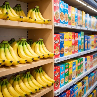 Bananas and cereal boxes on store shelf