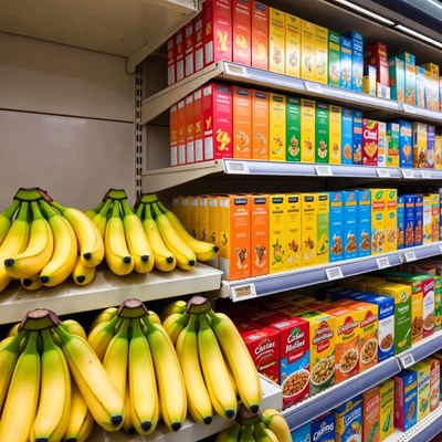 Grocery Store Cereal and Banana Shelves