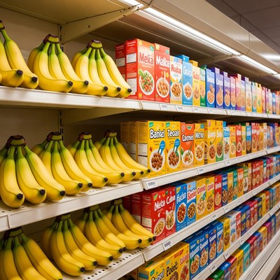 Bananas and cereal boxes on store shelves