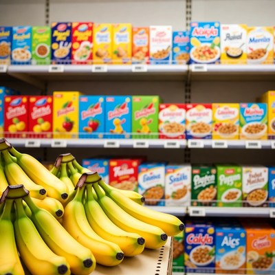 Bananas in front of cereal shelves