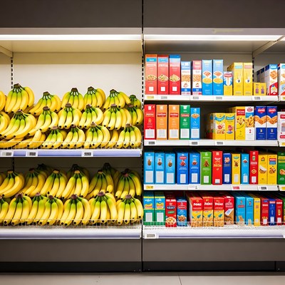 Bananas and Cereal Supermarket Shelves