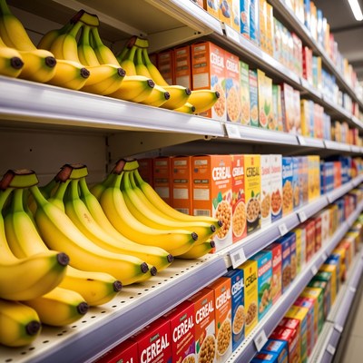 Bananas and cereal on supermarket shelf