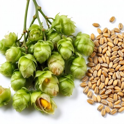 Green Hops Cones and Barley Grains