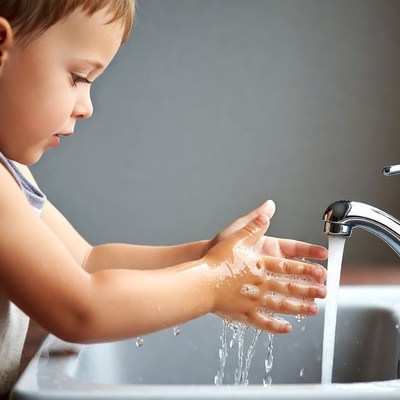 Toddler washing hands at sink