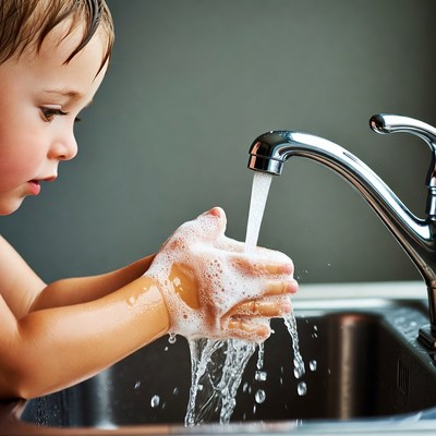 Toddler washing hands with soap