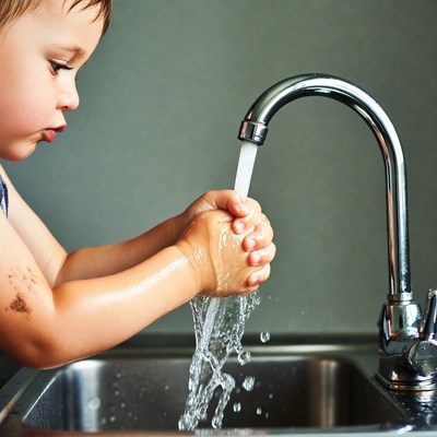 Toddler boy washing hands at sink