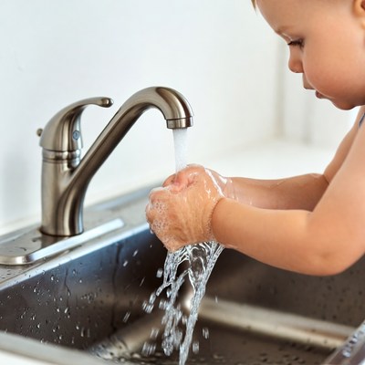Baby boy washing hands in sink
