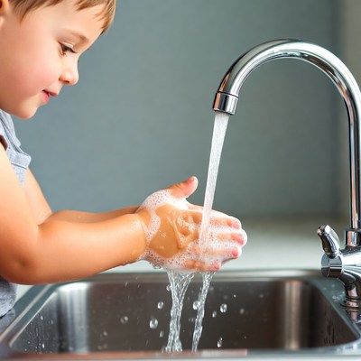 Toddler boy washing hands at sink