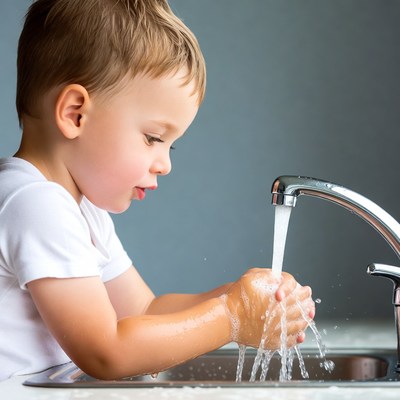 Toddler boy washing hands at sink
