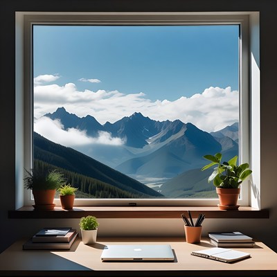 Window View of Mountains with Desk