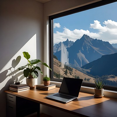 Desk by window with mountain view