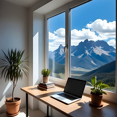 Laptop on Desk with Mountain View