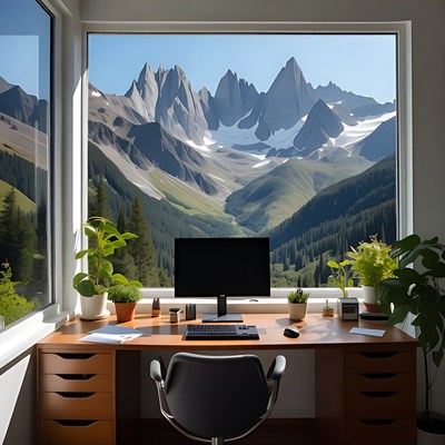 Office Desk with Mountain Window View