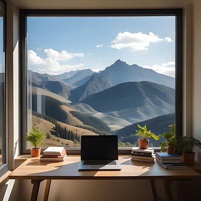 Desk by window with mountain view