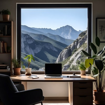 Desk with mountain view window