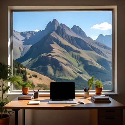 Desk with laptop overlooking mountains