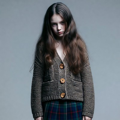 Girl in cardigan and plaid skirt