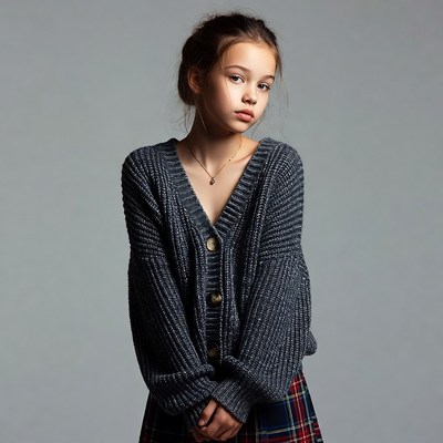 Teen girl in gray cardigan and plaid skirt