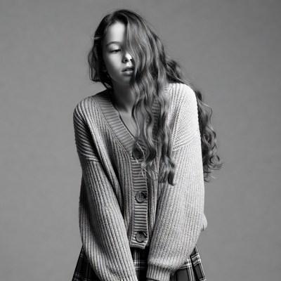 Asian girl in cardigan and plaid skirt