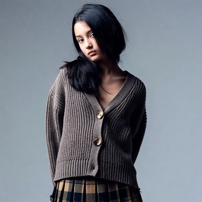 Asian girl in cardigan and plaid skirt