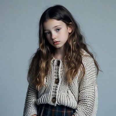 Girl in knitted sweater and plaid skirt