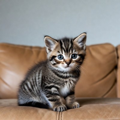 Cute tabby kitten on leather couch