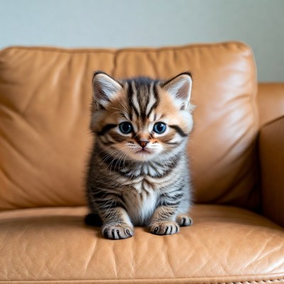 Cute tabby kitten on leather sofa