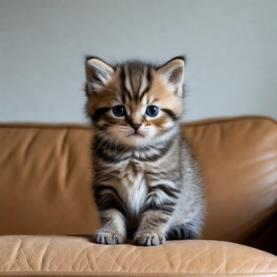 Cute tabby kitten on leather sofa