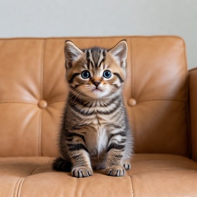 Tabby kitten sitting on leather sofa