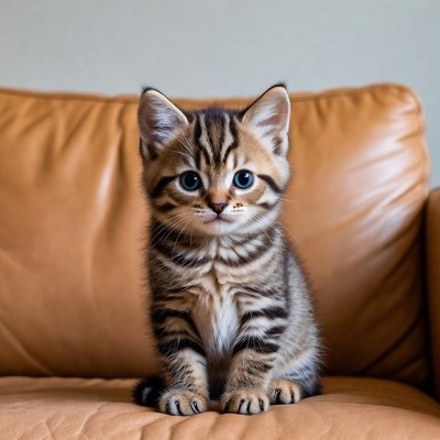 Tabby kitten sitting on leather couch