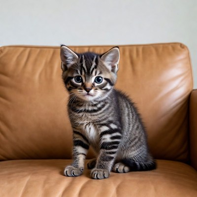 Tabby kitten sitting on leather chair