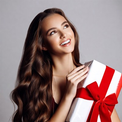 Woman holding red ribbon gift box