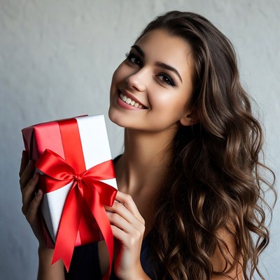 Smiling woman holding red ribbon gift box