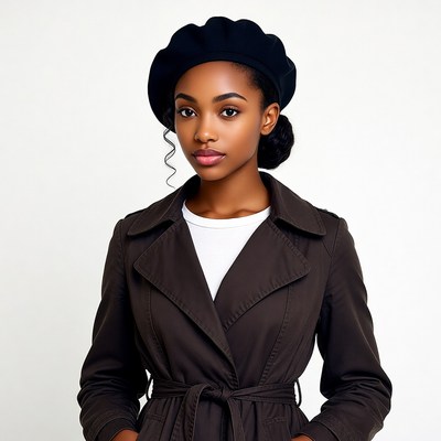 African-American woman in beret trench coat