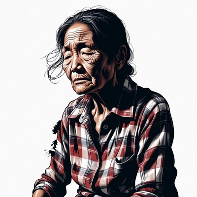Elderly Asian woman in plaid shirt