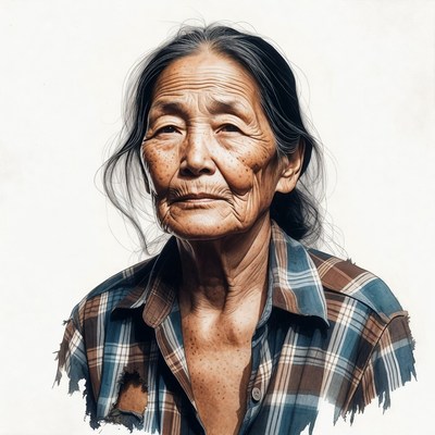 Elderly Asian woman in plaid shirt