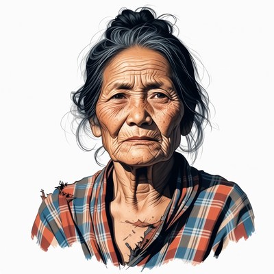 Elderly Asian woman in plaid shirt