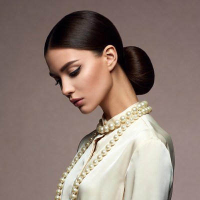 Woman with pearl necklace in bun hairstyle
