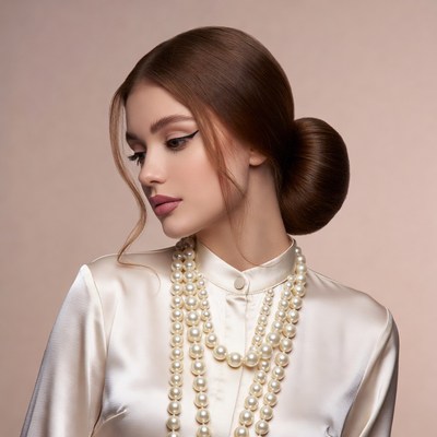 Woman with pearl necklace and bun hairstyle