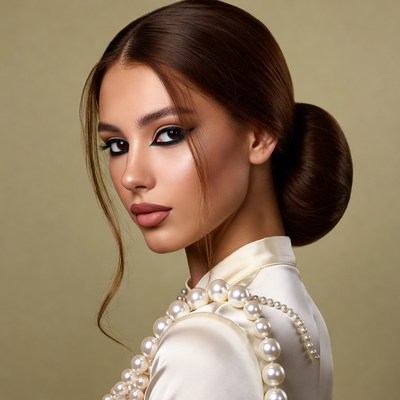 Woman with pearl necklace and bun