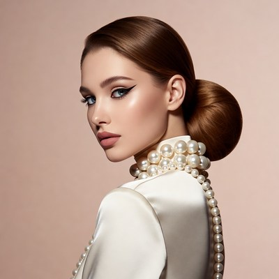 Woman with pearl necklace and bun hairstyle