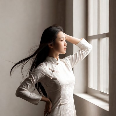 Asian woman in qipao by window