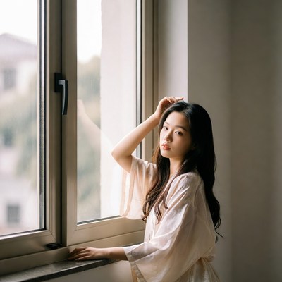 Asian woman leaning by window