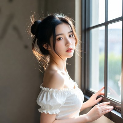 Asian woman in white off-shoulder top by window