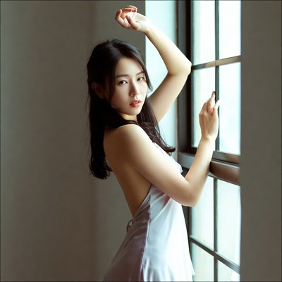 Asian woman leaning on window