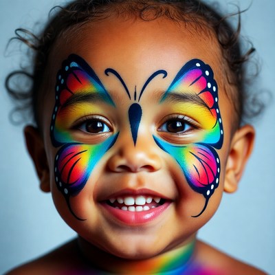 Toddler with rainbow butterfly face paint