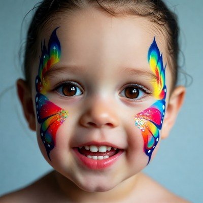 Toddler girl with rainbow butterfly face paint