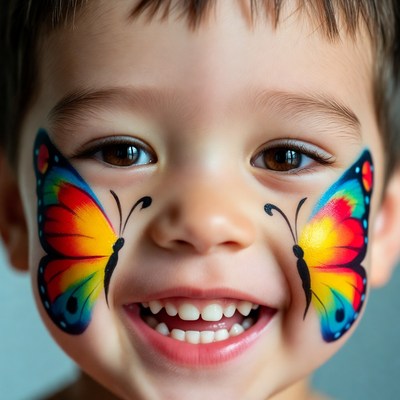 Boy with colorful butterfly face paint