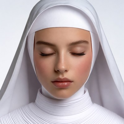 Young woman in white nun habit