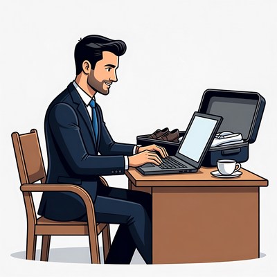 Businessman working on laptop with suitcase